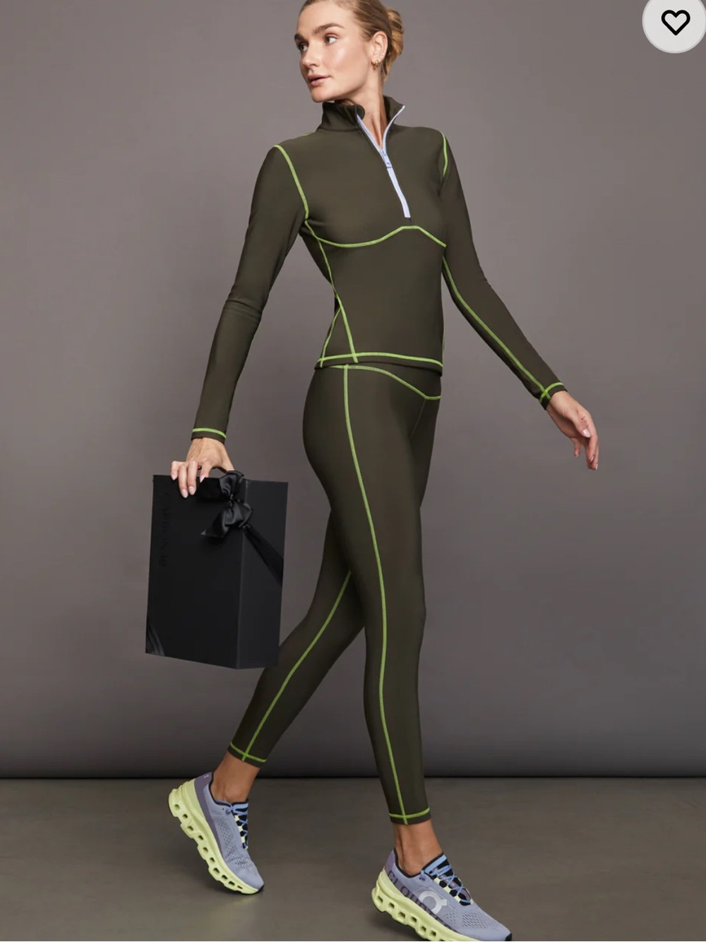 CARBON38 Fleece Back Set Olive Lime High Rise Leggings and Half Zip Top Sz S